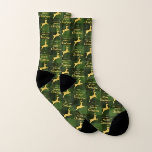 Custom Christmas Green Buffalo Plaid Reindeer   Socks