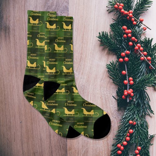 Custom Christmas Green Buffalo Plaid Santa Sleigh  Socks