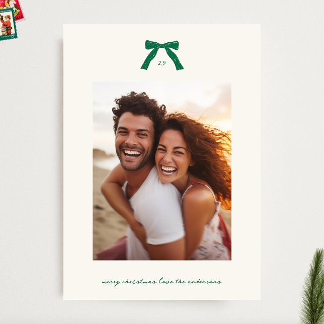 Custom Christmas Green Elegant Bows Photo Holiday Card (Creator Uploaded)