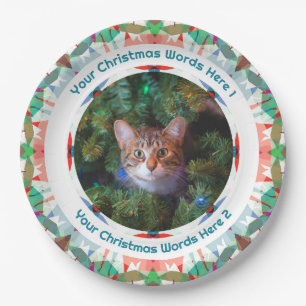 Custom Christmas Green Pink Family Photo Party Paper Plates