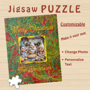 Custom Christmas Green Red Gold abstract marbled  Jigsaw Puzzle