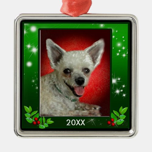 Custom Christmas Green Sparkle Border Pet Photo Metal Ornament