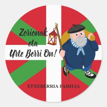 Custom Christmas Greeting  Olentzero   Ikurriña: Classic Round Sticker by RWdesigning at Zazzle