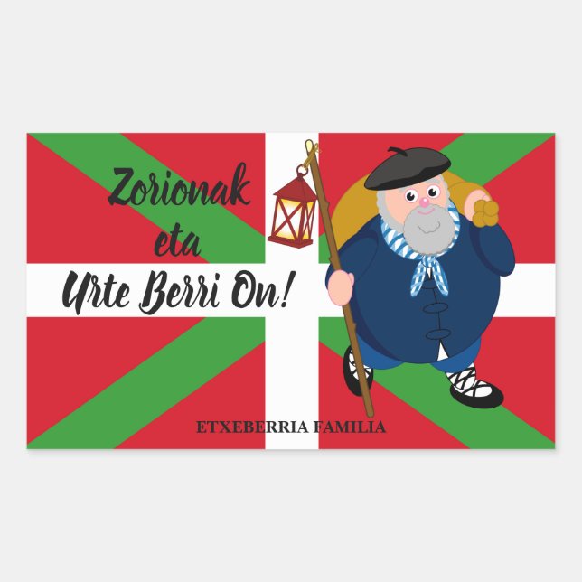 Custom Christmas greeting, Olentzero + Ikurriña: Rectangular Sticker (Front)