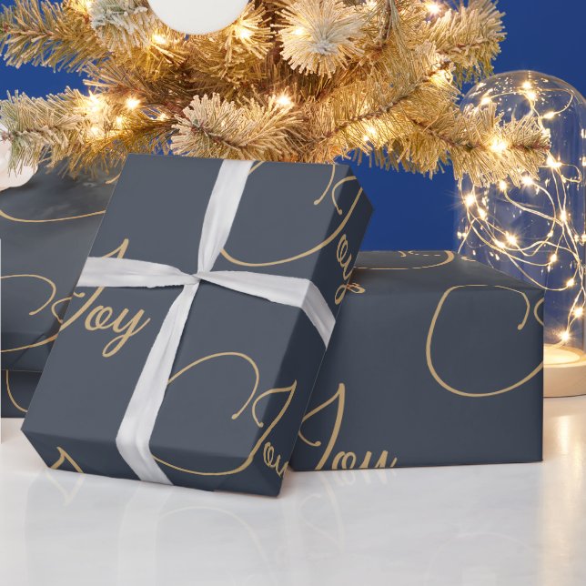 Custom Christmas Holiday Blue Gold Joy Gift Wrapping Paper (Holidays)