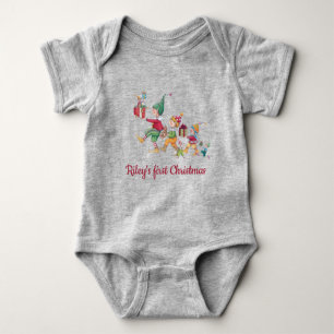 Custom Christmas Holiday Elves and Gifts Grey Baby Bodysuit