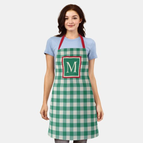 Custom Christmas Holiday Green Red Ivory Gingham Apron