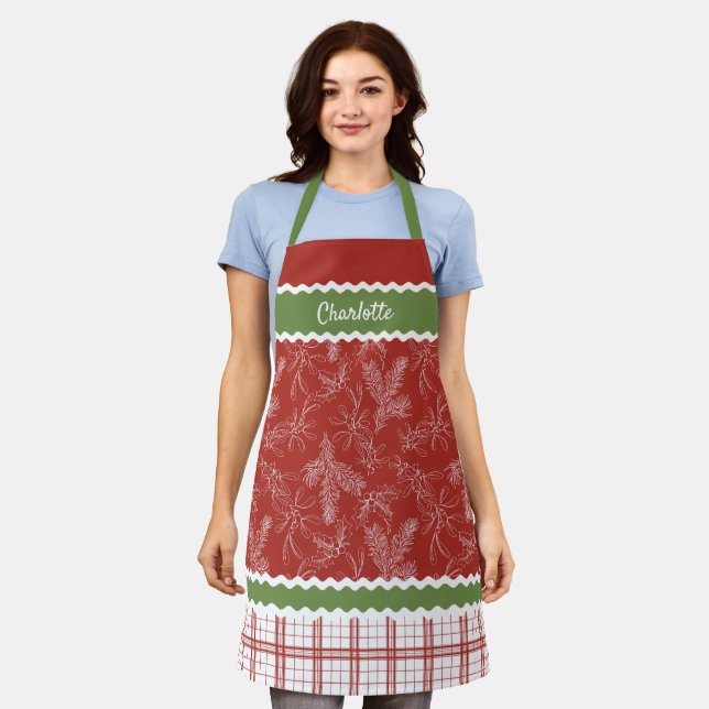 Custom Christmas Holiday Holly And Berry Pattern Apron (Worn)