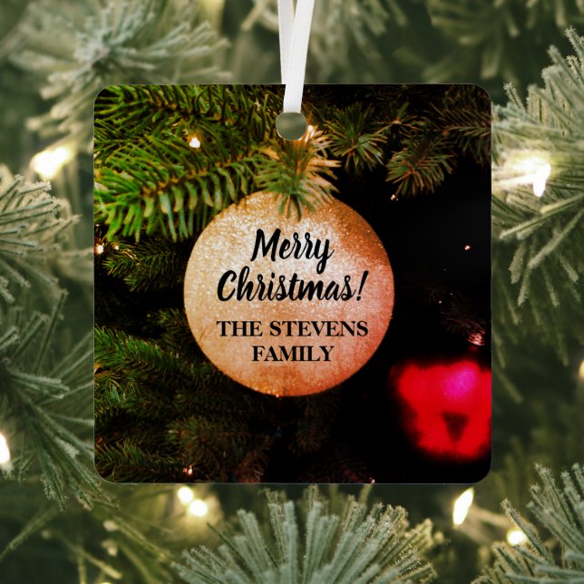 Custom Christmas Holiday photo square  Metal Ornament (Insitu)