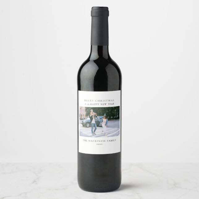 Custom Christmas Holly Branches Family Photo Wine Label (Front)