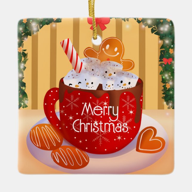 Custom Christmas Hot Chocolate Holiday Ceramic Ornament (Front)