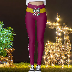 Custom Christmas Merlot Gold Checkered Bow Festive Leggings
