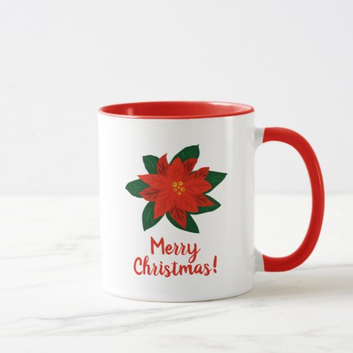 Custom Christmas mugs with red poinsettia flowers