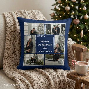 Custom Christmas Navy Modern Family Photo Collage Throw Pillow