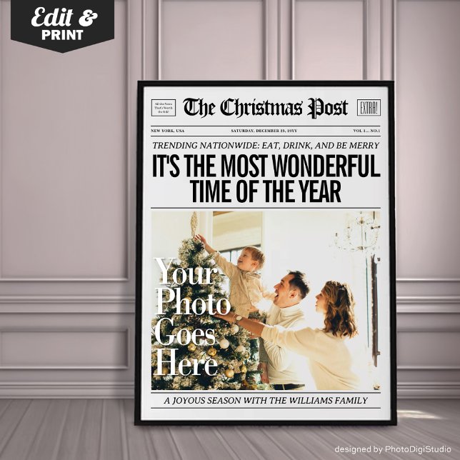 Custom Christmas Newspaper Decor, Family Christmas Poster (Custom Christmas Newspaper Decor, Family Christmas Poster, The Most Wonderful Time Of The Year)