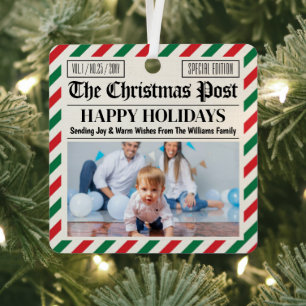 Custom Christmas Newspaper Decor, Family Photo Metal Ornament