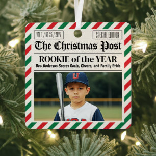 Custom Christmas Newspaper Rookie of the Year Metal Ornament