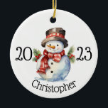 Custom christmas ornament, snowman ornaments<br><div class="desc">Round ceramic custom name snowmen christmas ornaments</div>