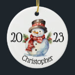 Custom christmas ornament, snowman ornaments<br><div class="desc">Round ceramic custom name snowmen christmas ornaments</div>