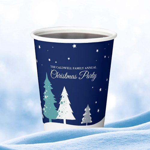 Custom Christmas Party Winter Trees Blue Paper Cups