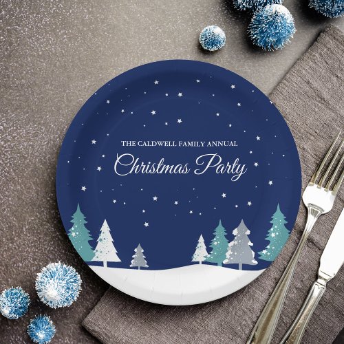 Custom Christmas Party Winter Trees Blue Paper Plates