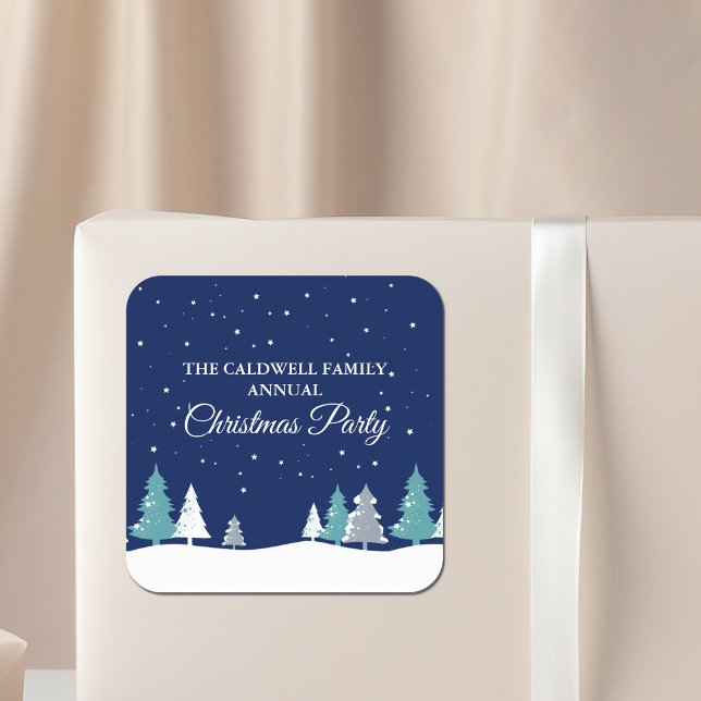 Custom Christmas Party Winter Trees Blue Square Sticker (Creator Uploaded)