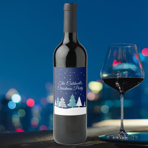 Custom Christmas Party Winter Trees Blue Wine Label