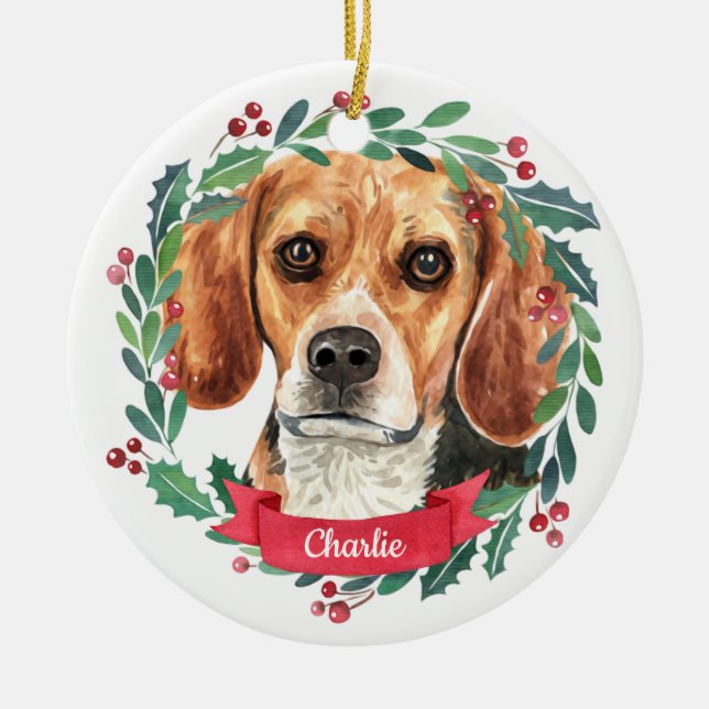 Custom Christmas Pet Dog Photo Beagle Ceramic Ornament (Front)