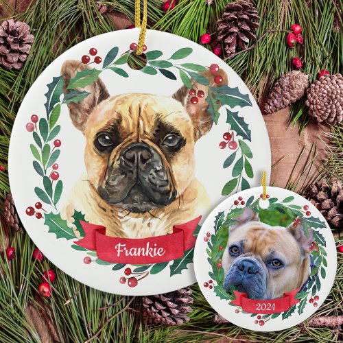 Custom Christmas Pet Dog Photo French Bulldog Ceramic Ornament