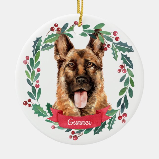 Custom Christmas Pet Dog Photo German Shepherd Ceramic Ornament (Front)