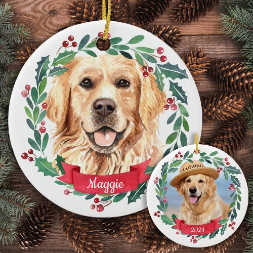 Custom Christmas Pet Dog Photo Golden Retriever    Ceramic Ornament