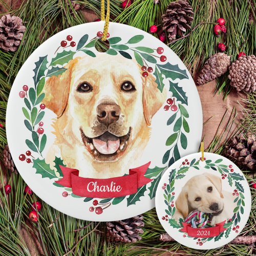 Custom Christmas Pet Dog Photo Yellow Labrador Ceramic Ornament