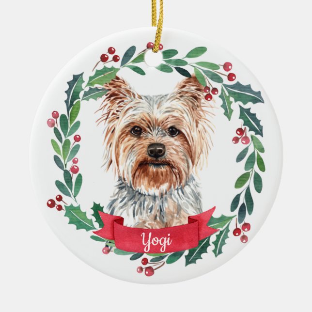 Custom Christmas Pet Dog Photo Yorkshire Terrier Ceramic Ornament (Front)
