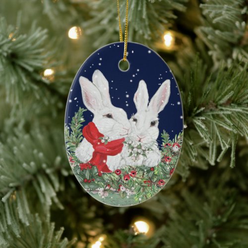 Custom Christmas Pet Rabbit Bunny Photo Year Name Ceramic Ornament