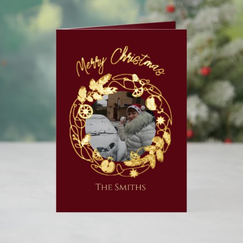 Custom Christmas Photo Card Burgundy Gold Foil