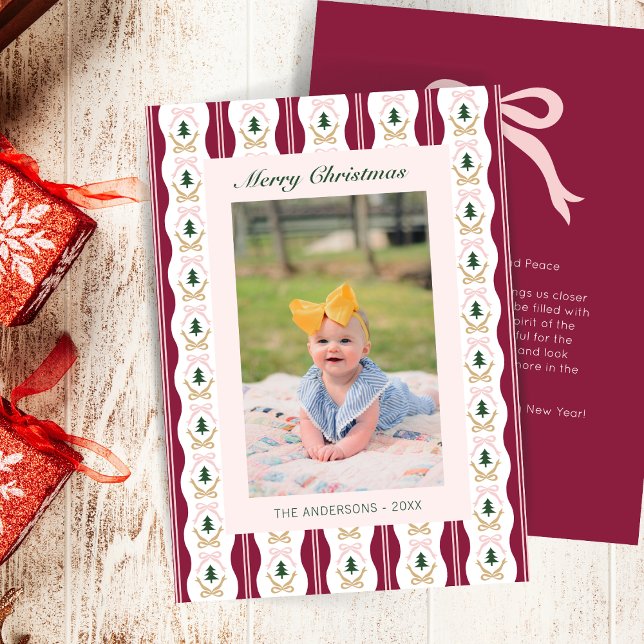 Custom Christmas Photo Card Burgundy Stripes Bows (Creator Uploaded)