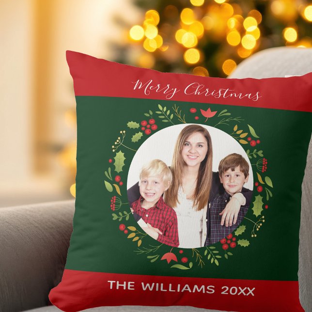 Custom Christmas Photo Floral Wreath Green Red Throw Pillow (Creator Uploaded)