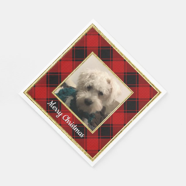 Custom Christmas Photo Frame Red and Black Plaid Napkins (Corner)