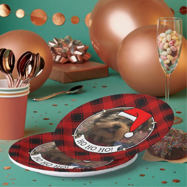 Custom Christmas Photo Frame Red and Black Plaid Paper Plates (Multi)