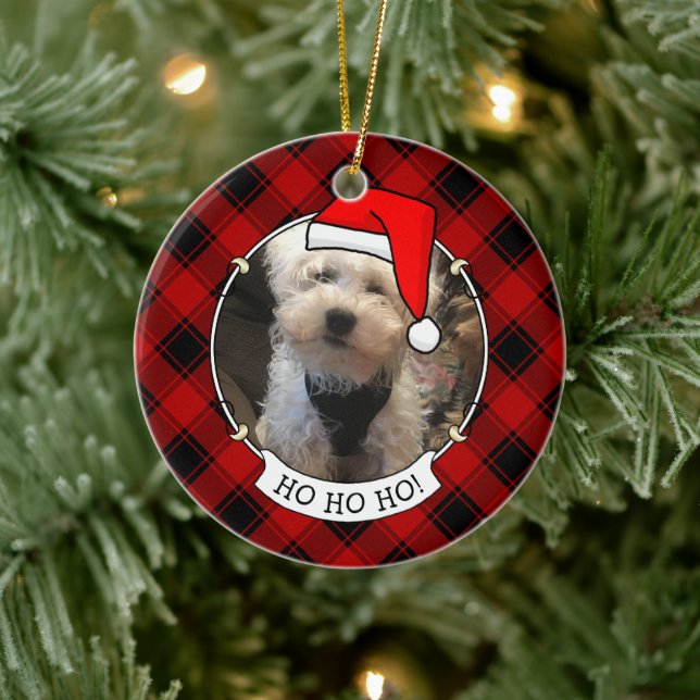 Custom Christmas Photo Frame Red & Black Plaid Pet Ceramic Ornament (Tree)