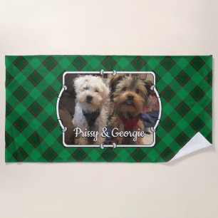 Custom Christmas Photo Frame Red & Green Plaid Beach Towel