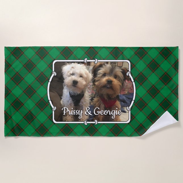 Custom Christmas Photo Frame Red & Green Plaid Beach Towel (Front)