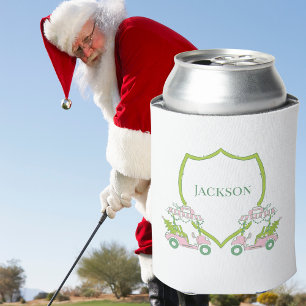 Custom Christmas Pink Golf Carts Green Crest Party Can Cooler