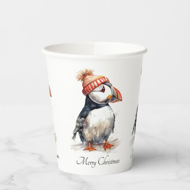Custom Christmas Puffin Orange Pompom Hat Paper Cups (Left)