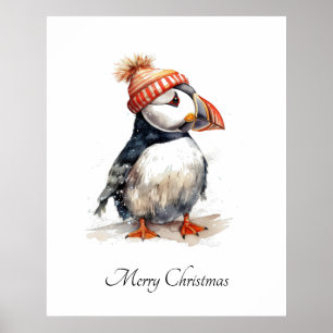 Custom Christmas Puffin Orange Pompom Hat Poster