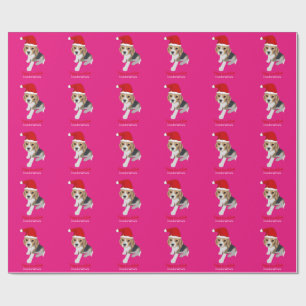 CUSTOM CHRISTMAS PUPPY SANTA HAT BEAGLE DOG PINK WRAPPING PAPER