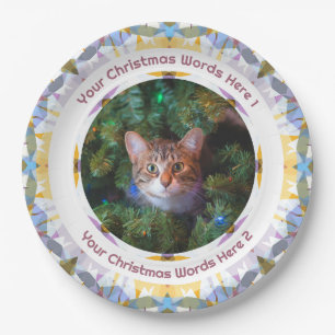 Custom Christmas Purple Yellow Family Photo Party Paper Plates
