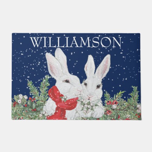Custom Christmas Rabbit Bunny Snow Winter Welcome Doormat