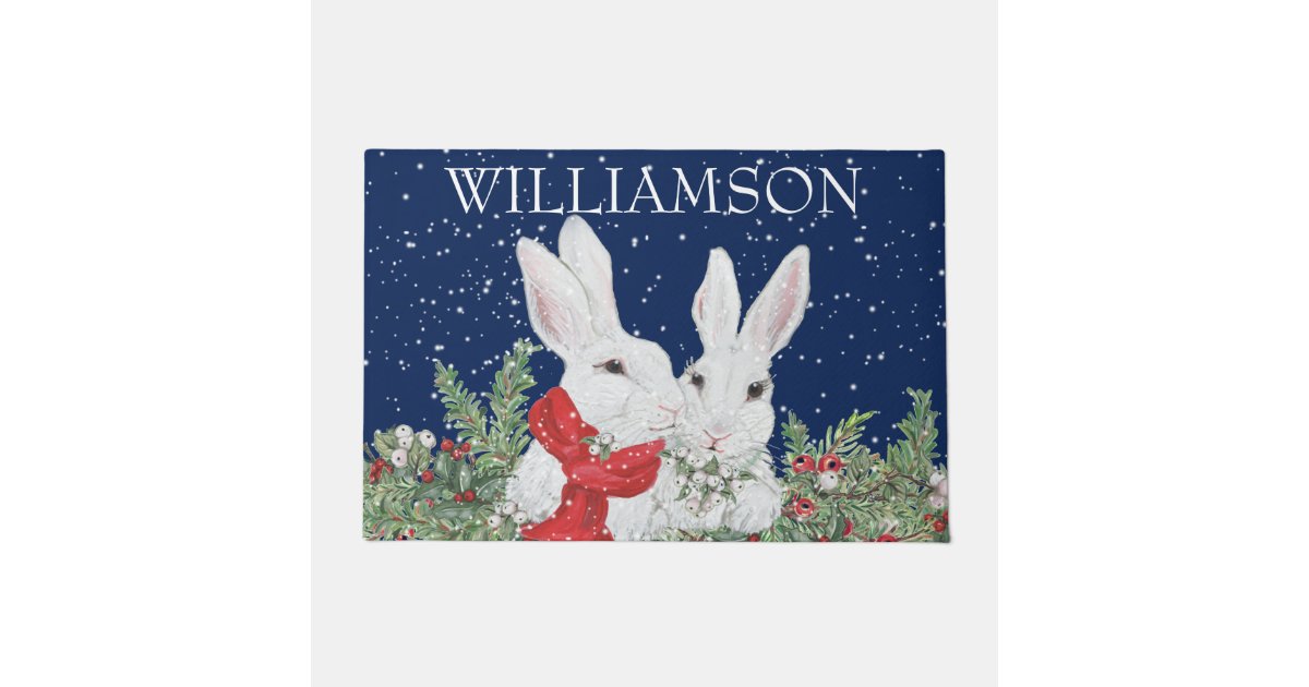 Custom Christmas Rabbit Bunny Snow Winter Welcome Doormat | Zazzle