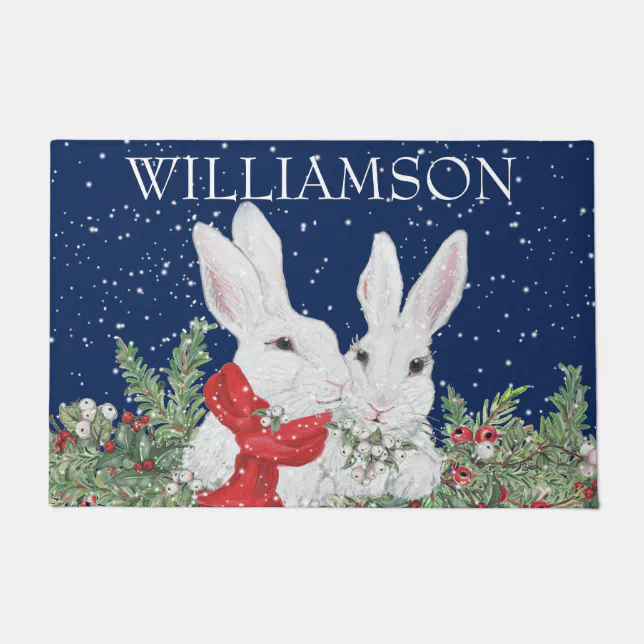 Custom Christmas Rabbit Bunny Snow Winter Welcome Doormat | Zazzle